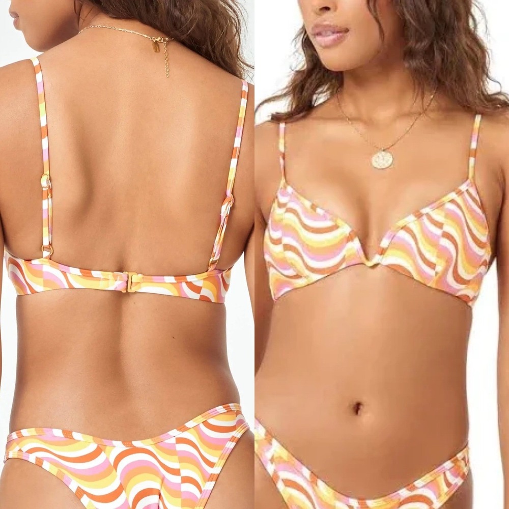 L Space‎ Y2K Retro Swirl Print Bikini Top Pastel Orange Pink Adjustable Strap